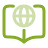 A green line art icon of an open book with a globe, representing global standards for commercial cleaning services Phoenix AZ.