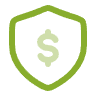 A green line art icon featuring a dollar sign inside a protective shield, representing secure and cost-effective commercial cleaning services.