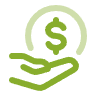 A green line art icon showing a hand holding a dollar sign, representing budget-friendly and cost-effective commercial cleaning services.